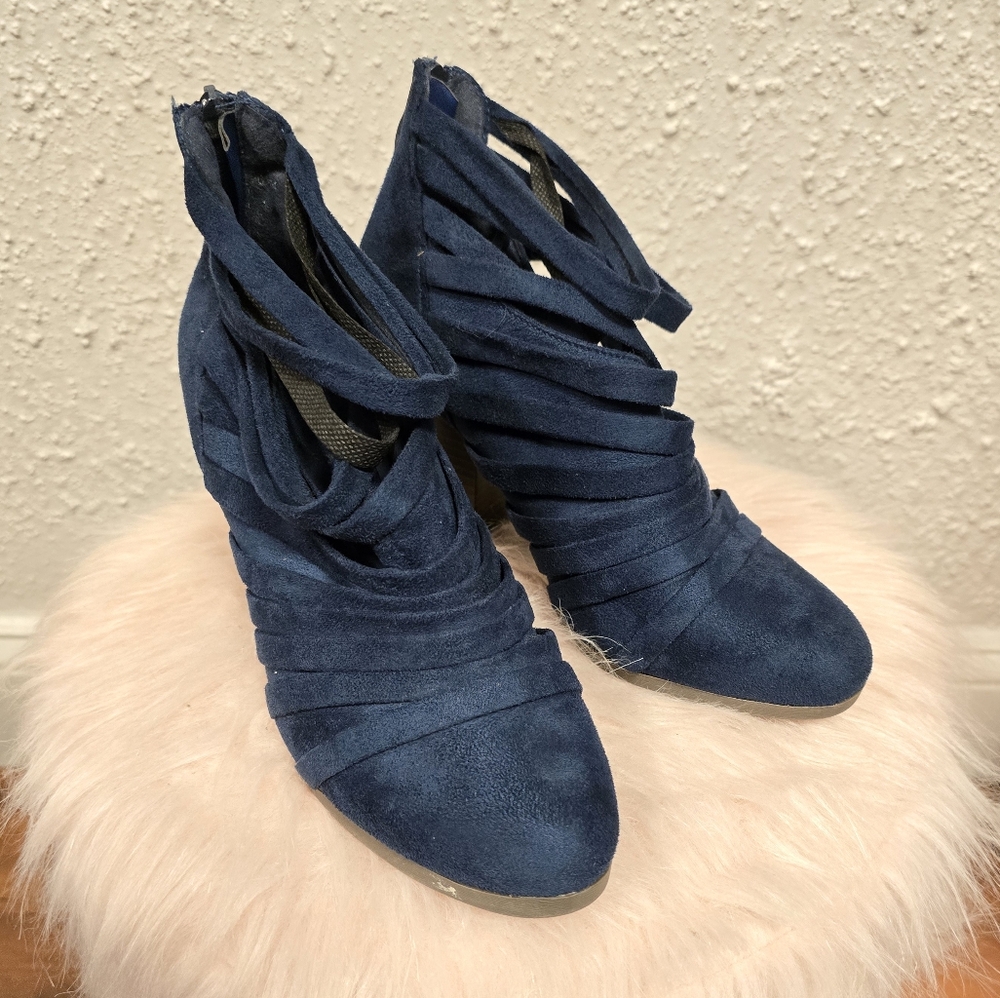 Women's Blue Faux Suede Ankle Bootie Heels